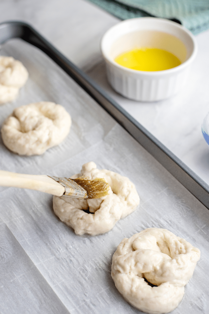 Soft Pretzels with Biscuit Dough 19 Pretzels on a lined sheet pan brushed with melted butter.