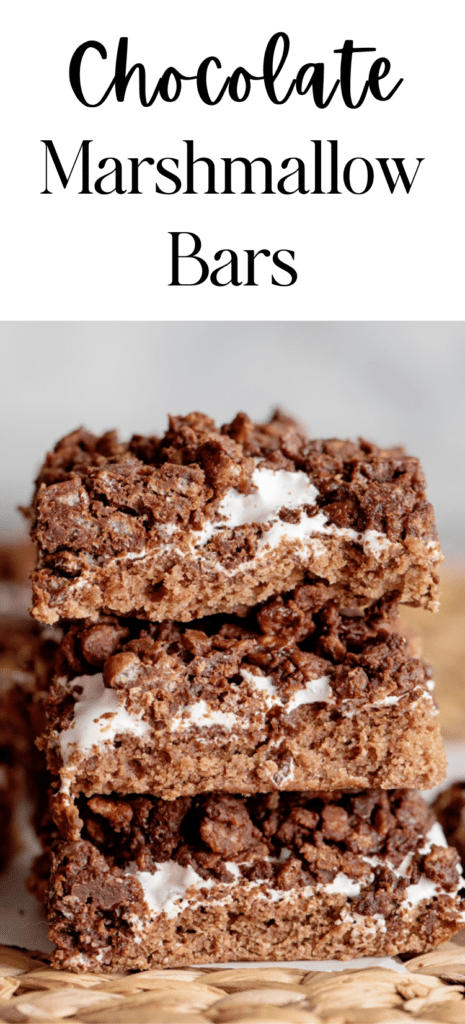 A Pinterest Pin featuring an image of three squares of Chocolate Marshmallow Bars on a sheet of parchment paper.