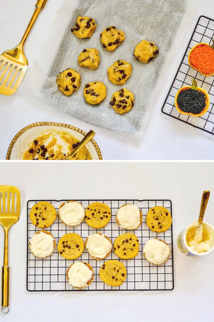 Overhead view of chocolate chip Halloween cookie dough and baked cookies.