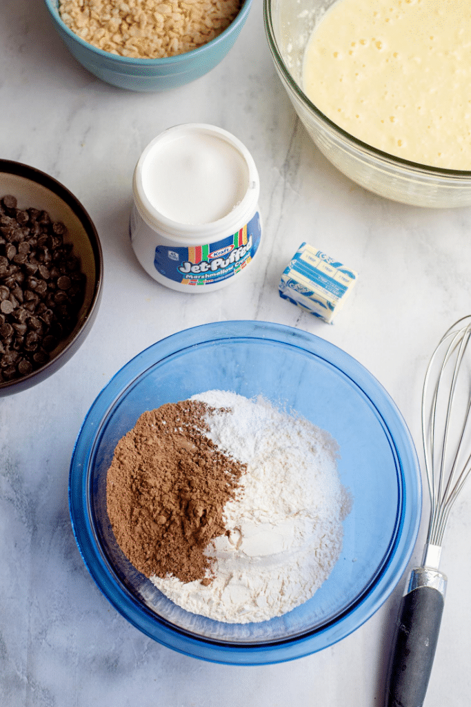 Chocolate Marshmallow Bars 14 Separate bowl with dry ingredients to make chocolate marshmallow bars.
