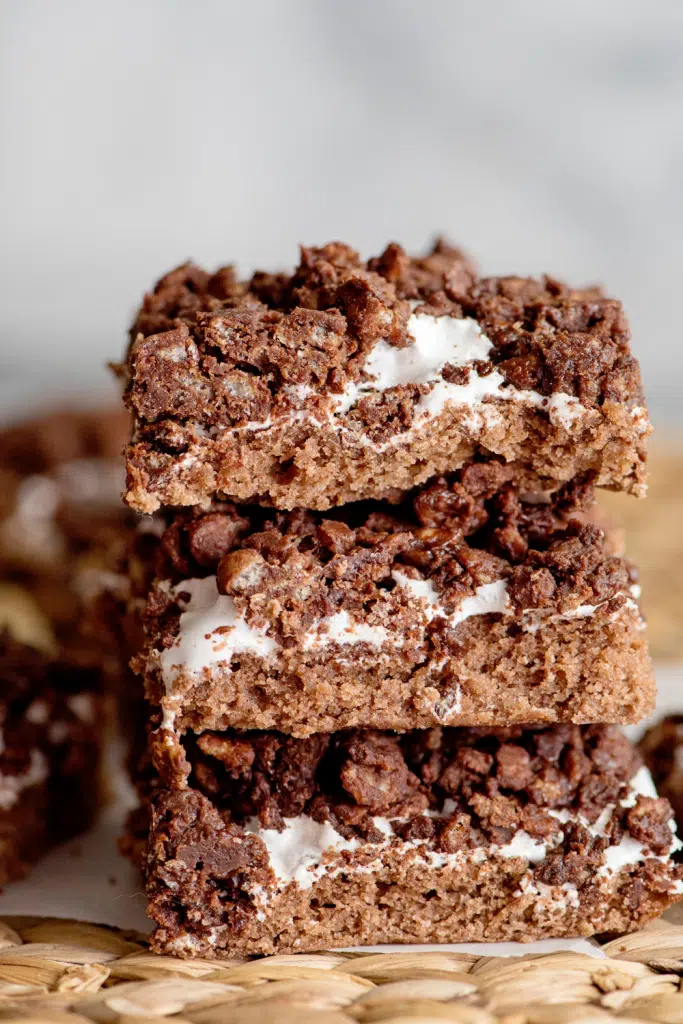 Staked chocolate marshmallow bars.