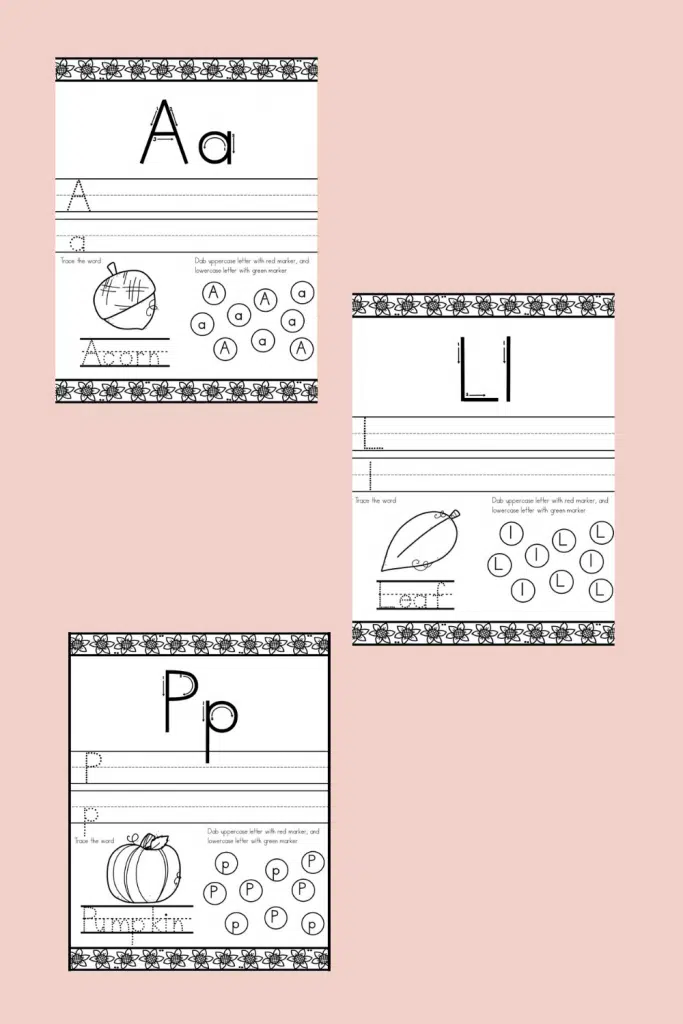 letters A and L in the  fall themed abc activity sheets