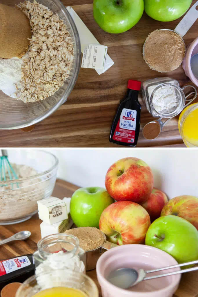 Easy apple crisp ingredients on a wooden kitchen countertop.