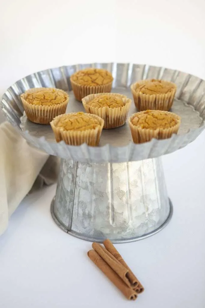 6 weight watchers 3 ingredient muffins on tin cake pedestal. 