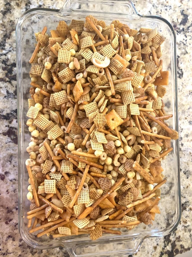 Mom's Party Mix Recipe 3 Large glass dish full of party mix