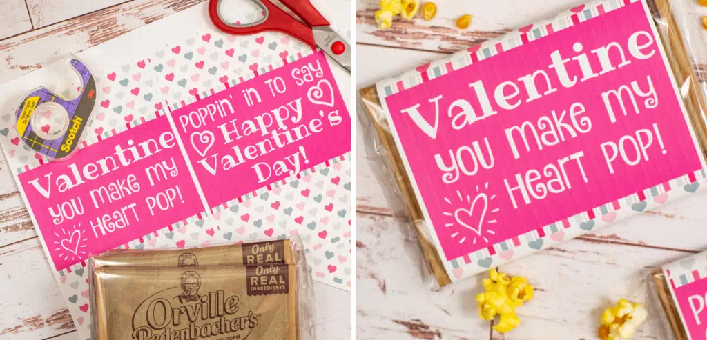 In process images to make popcorn Valentine's printable craft.