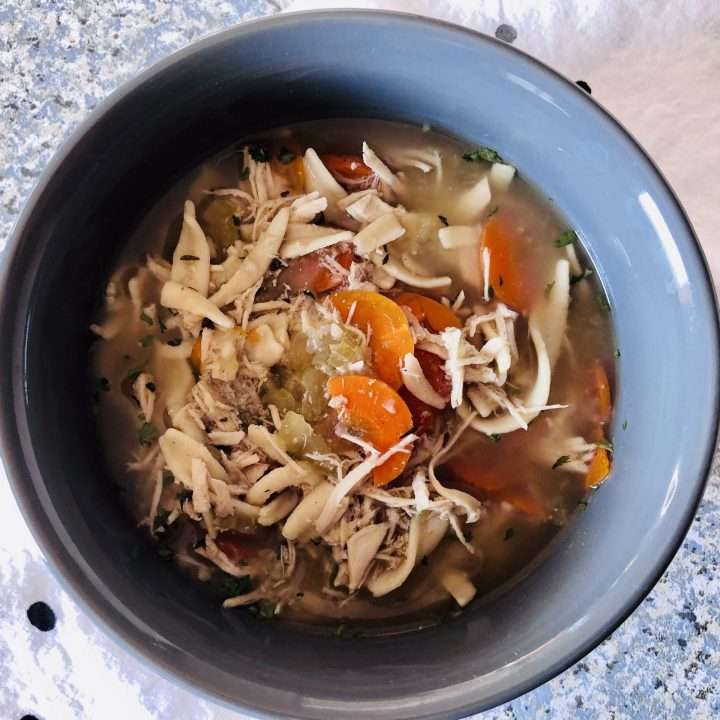 Bowl of slow cooker chicken noodle soup