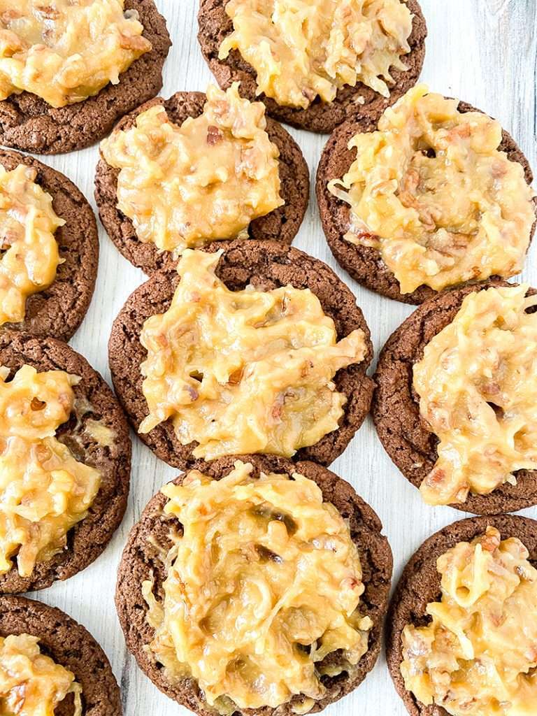 German Chocolate Cookies 2 German chocolate cookies with coconut pecan frosting