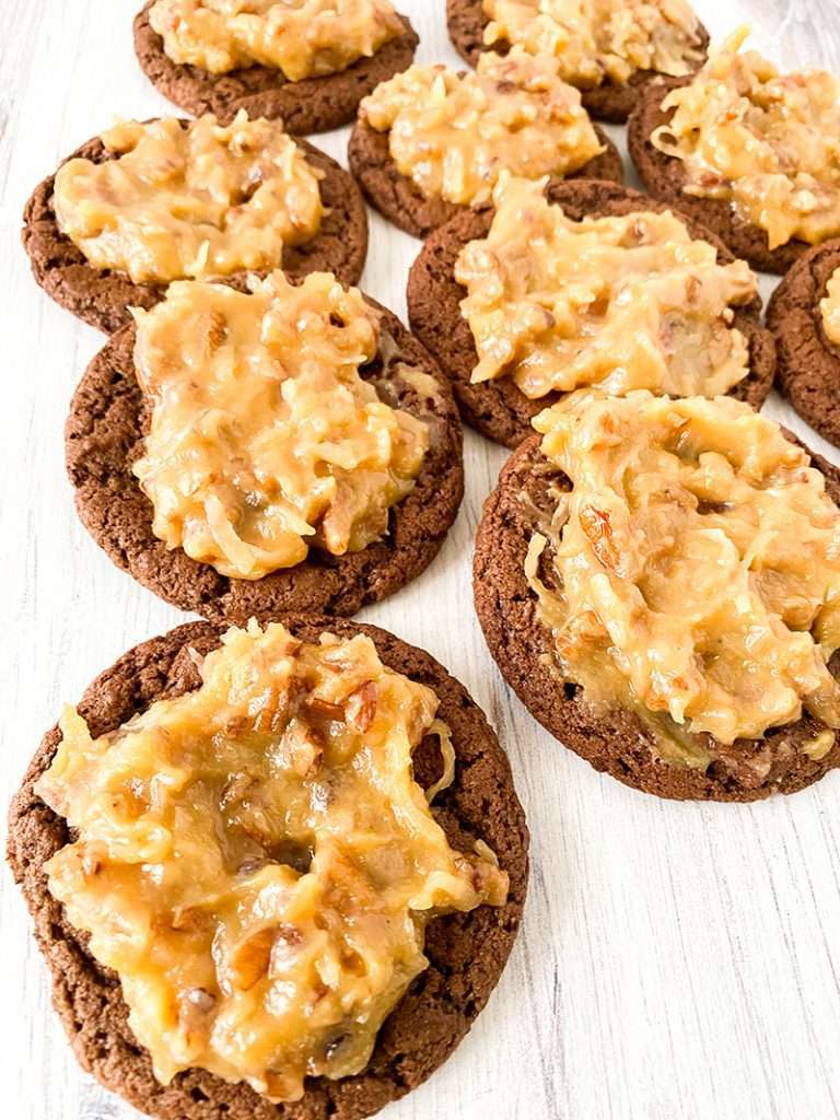 German chocolate cookies with coconut pecan frosting