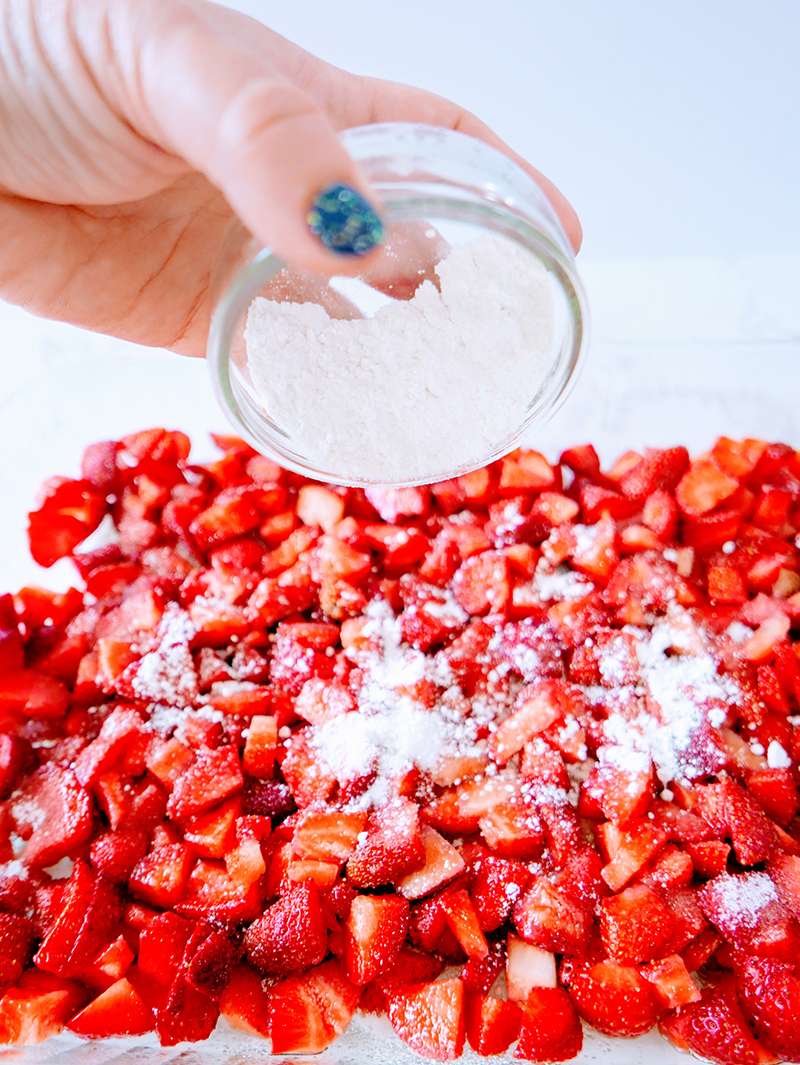 Preparing Strawberries and cream cake mix crumble recipe