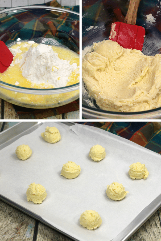 Bourbon Cookies Made with Kentucky Bourbon 5 process of making bourbon cookies in 3 grid photo showing mix, batter and cake balls on sheet pan