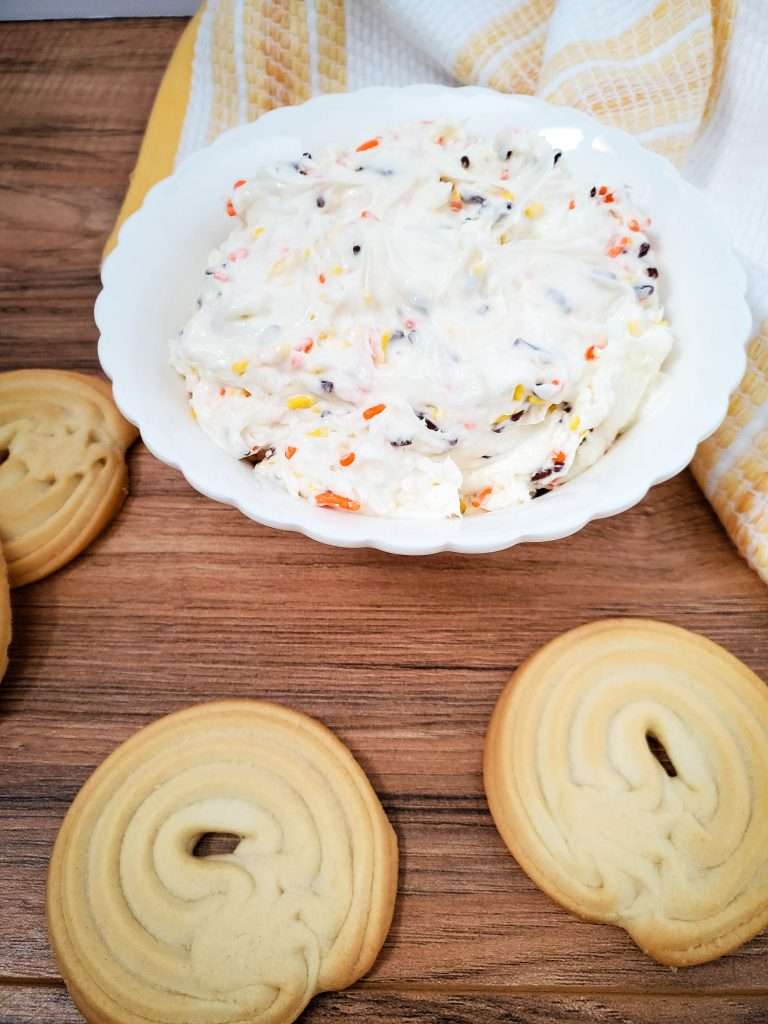 Autumn Sprinkles Cookie Dip 10 autumn sprinkles cookie dip in a white bowl with cookies