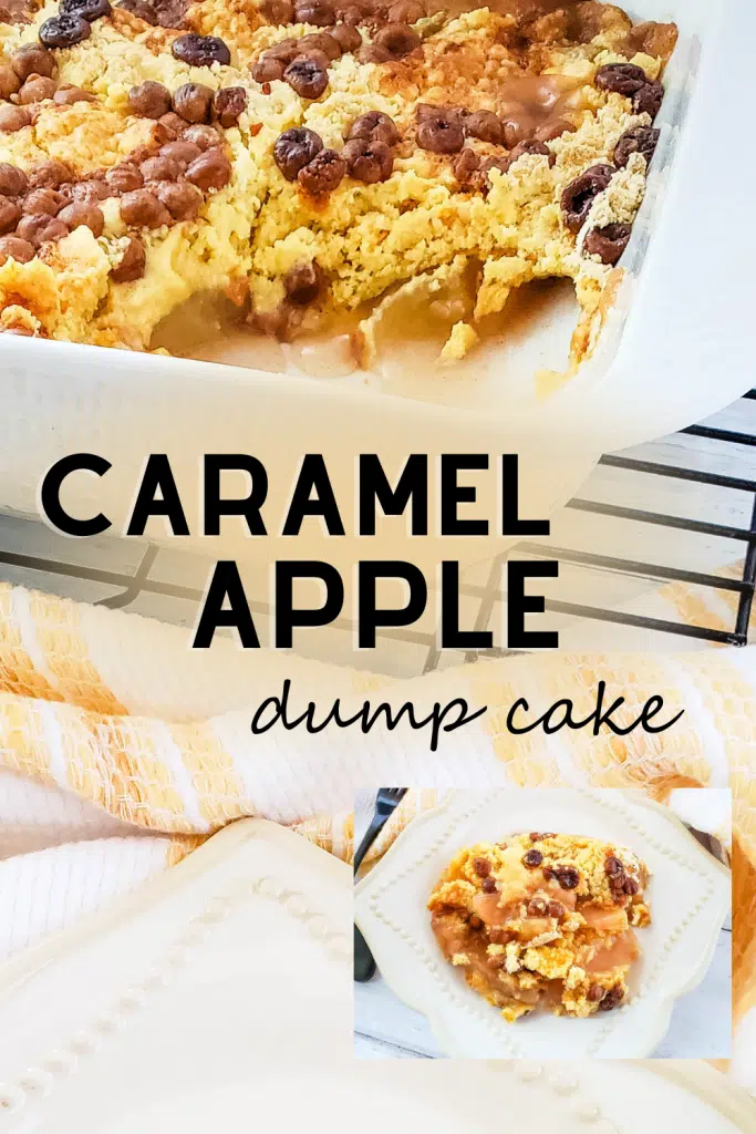 caramel apple dump cake on a plate, remaining apple dump cake in a baking dish, checkered cloth.