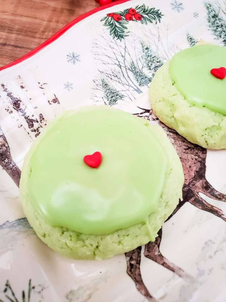 Grinch Cake Mix Cookies 5 Grinch Cake Mix Cookies on a Christmas plate