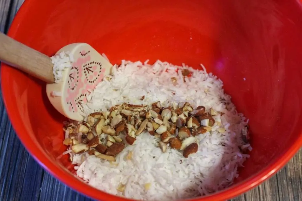 Almond joy cookie dry ingredients in bowl 