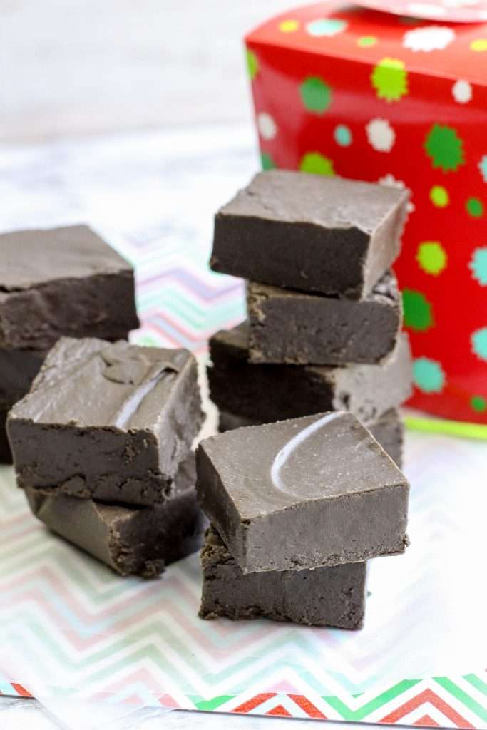 Christmas Fudge 11 christmas coal fudge sliced and stacked on top of each other