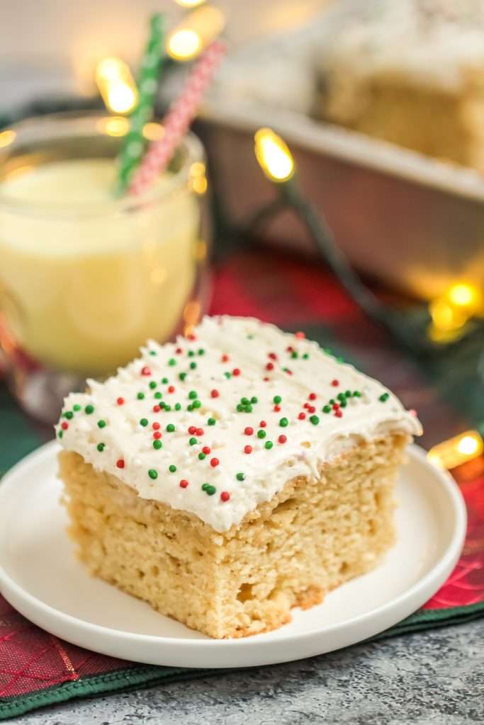 christmas egg nog cake with red and green sprinkles