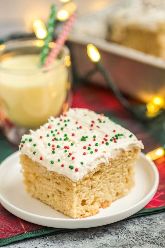 Quick and Easy Eggnog Cake 11 christmas egg nog cake with red and green sprinkles