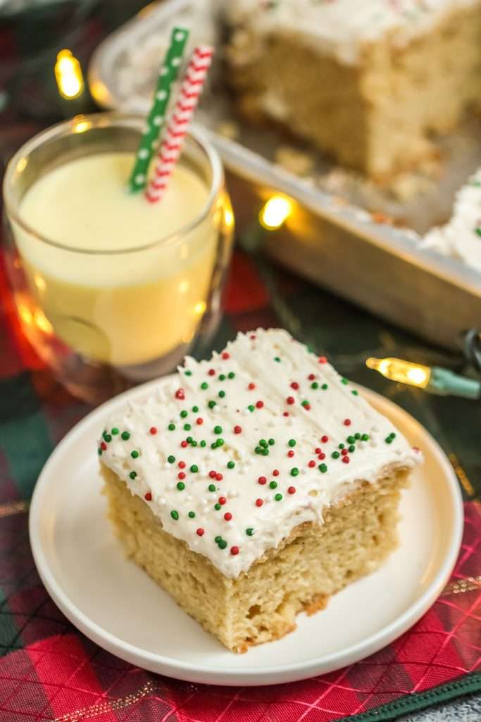 Quick and Easy Eggnog Cake 5 eggnog sheet cake with christmas sprinkles