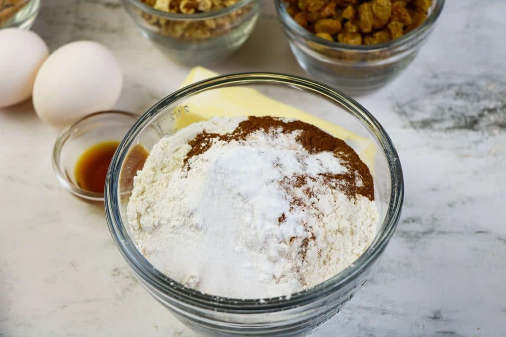 Old Fashioned Applesauce Spice Cake 8 flour and spices in bowl for applesauce cake