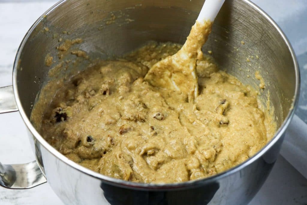 Old Fashioned Applesauce Spice Cake 9 applesauce cake batter in mixing bowl with spoon