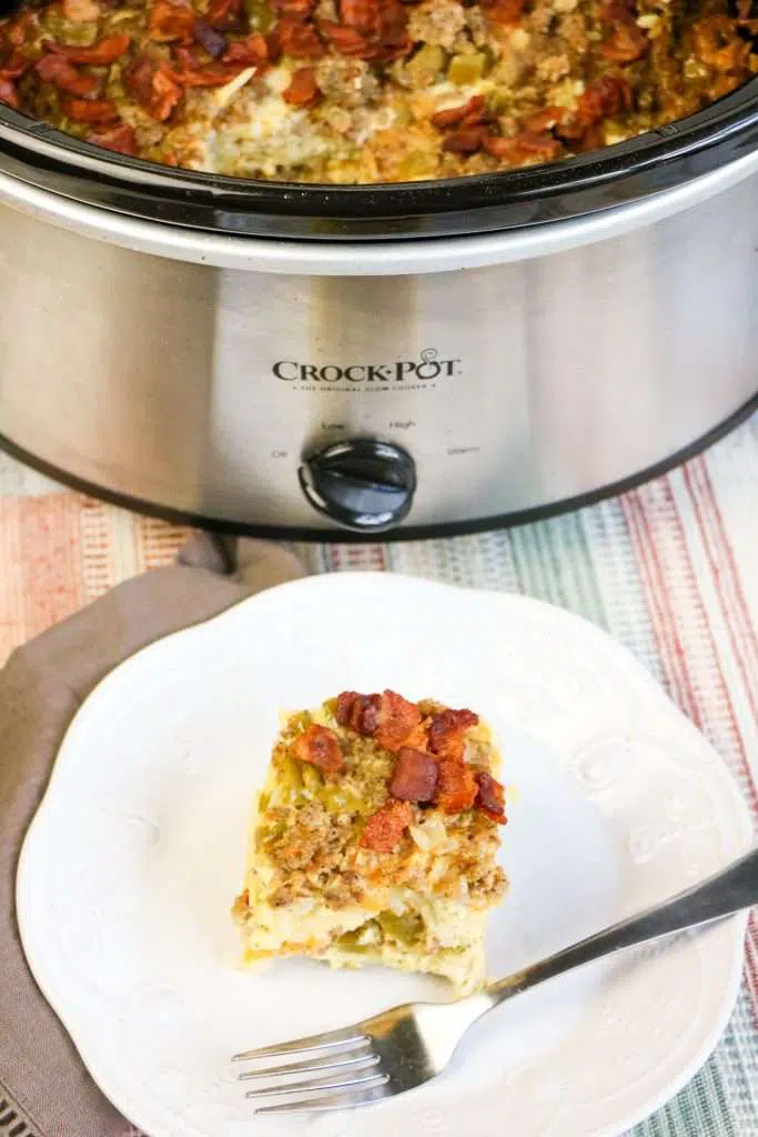 crockpot breakfast casserole on a white plate