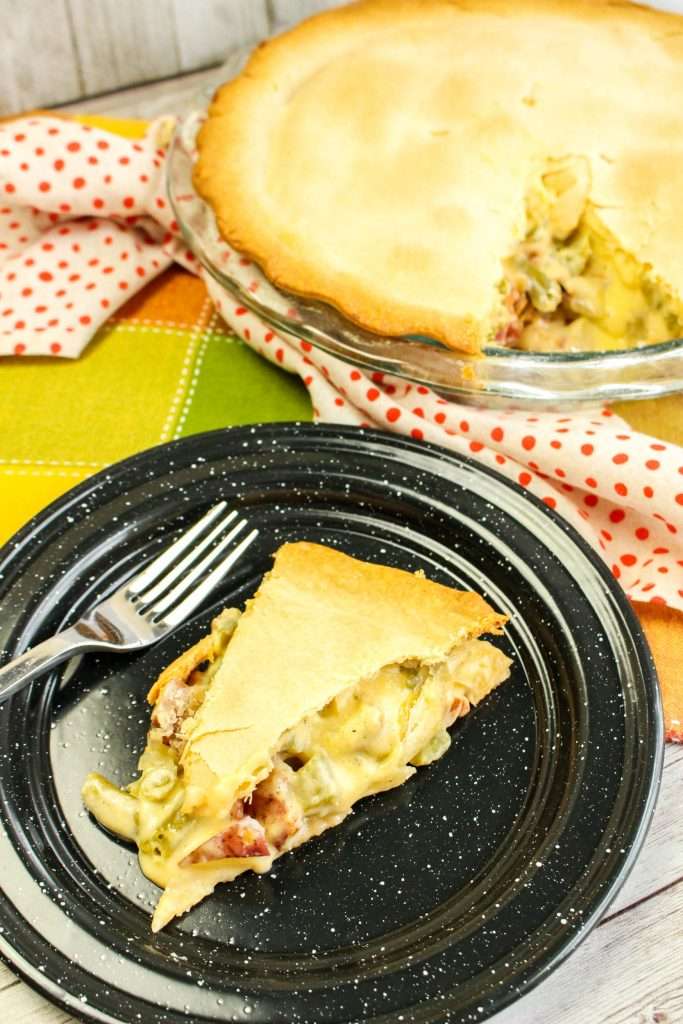 Delightful Savory Bacon Pie 6 bacon and potato pot pie slice on black plate