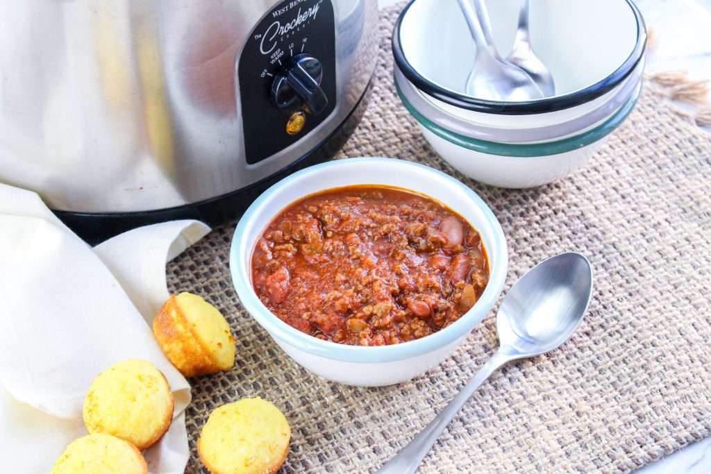 Venison Chili 5 venison chili with crockpot and cornbread muffins