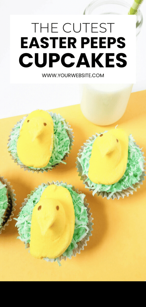 A Pinterest image featuring a batch of the Cutest Easter Peeps Cupcakes on a yellow surface.