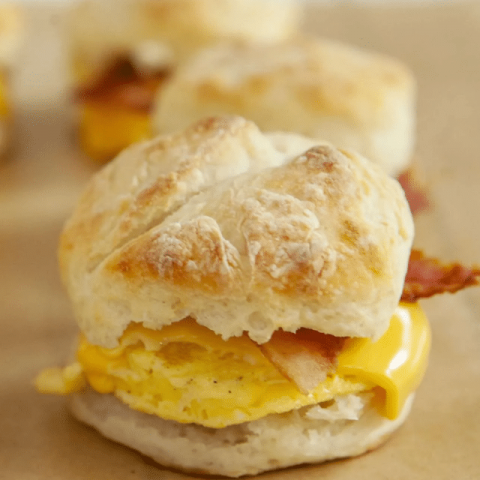 Bacon Egg and Cheese Biscuit (Weight Watchers Recipe) 10 Close up of bacon egg and cheese biscuit.