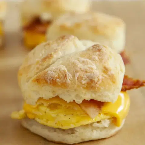 Close up of bacon egg and cheese biscuit.