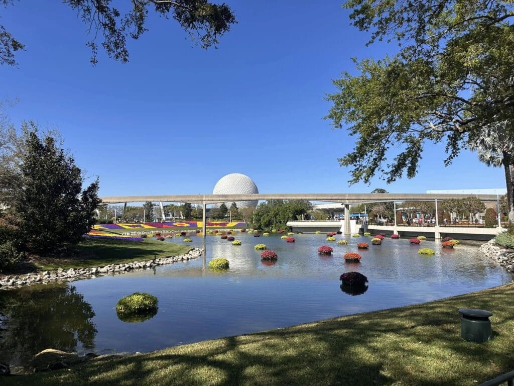 A view of the Spaceship Earth from across the pond at Walt Disney World, shot during daytime.