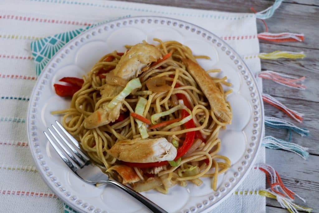 The Best 30 Minute Chicken Lo Mein Recipe 3 chicken lo mein on white plate