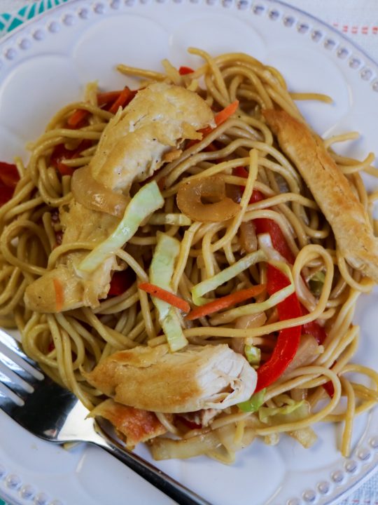 overlook of chicken lo mein on a white plate