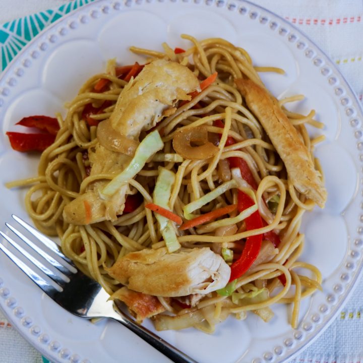 The Best 30 Minute Chicken Lo Mein Recipe 5 overlook of chicken lo mein on a white plate