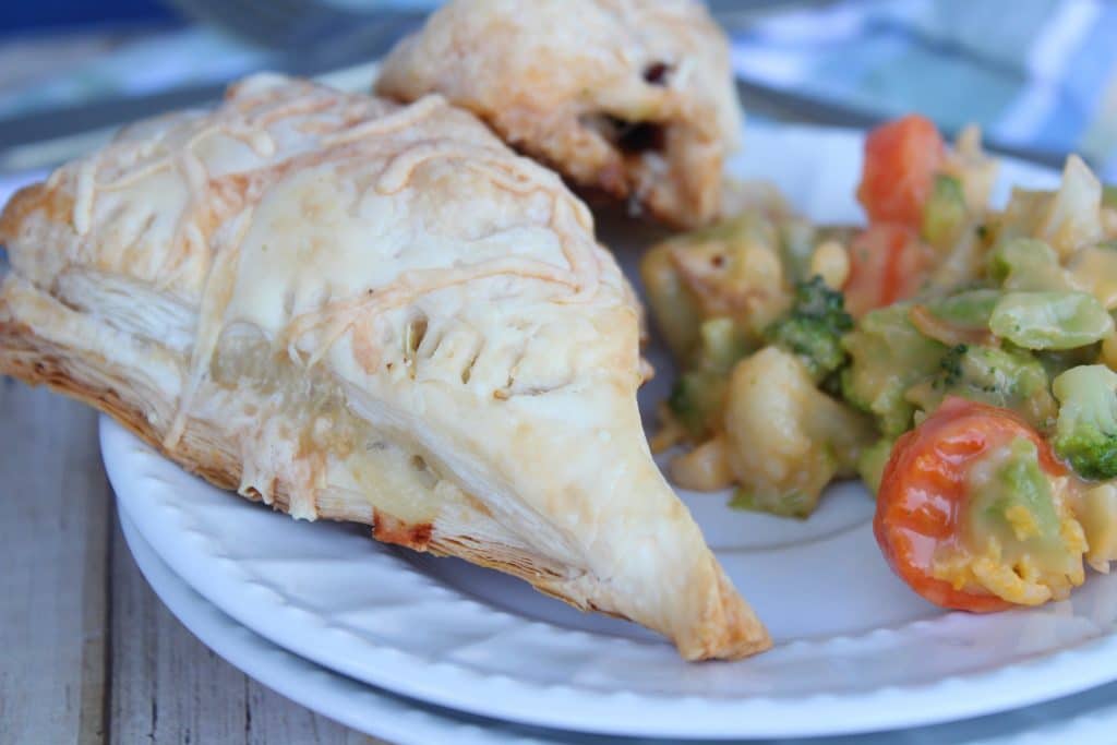 close up of chicken turnover with veggies on white plate
