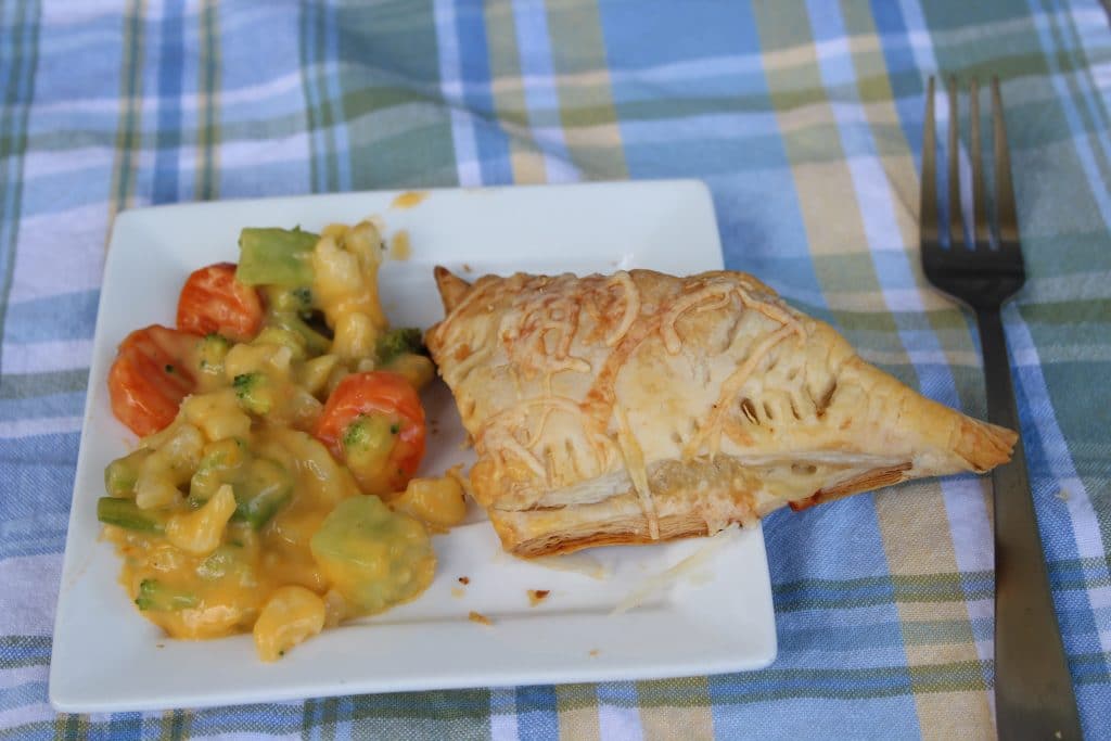 Savory Chicken Turnovers Recipe 2 chicken turnover on white plate with veggies