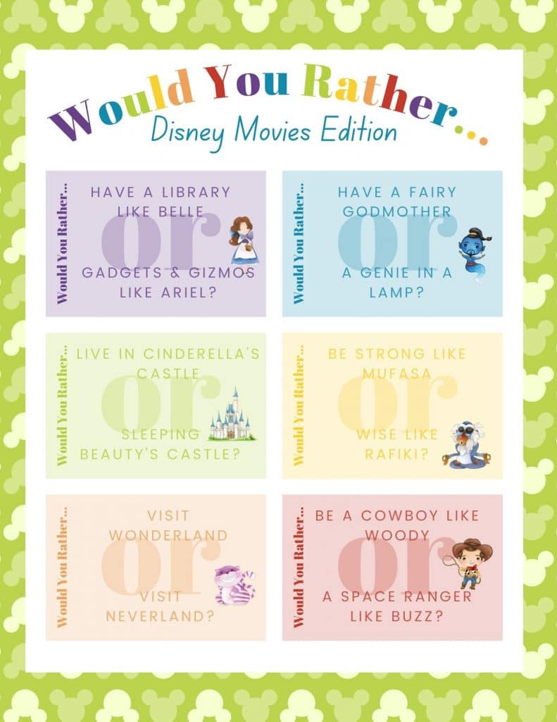 Would You Rather? Disney Edition 4 would you rather disney movies edition printable game