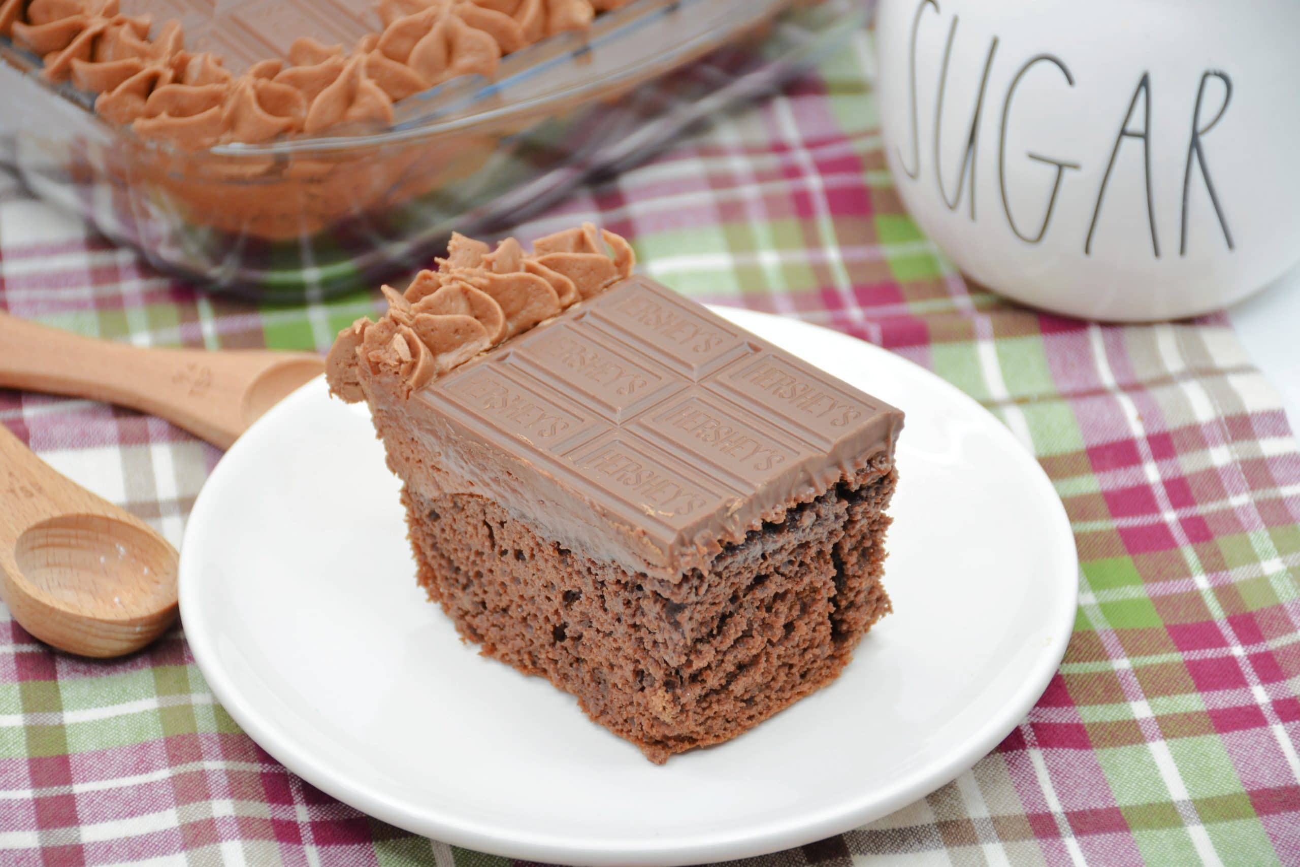 a slice of Hershey's chocolate cake on white plate