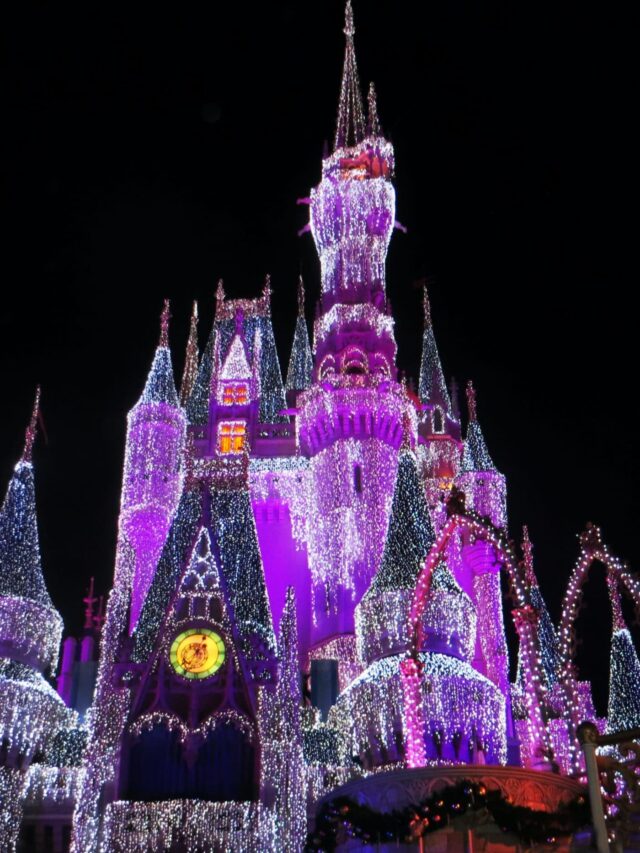 A brightly lit castle at night, covered in purple and white lights, with a clock above the main entrance.