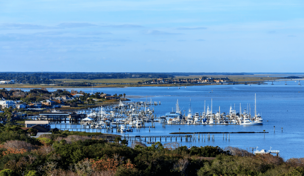 7 Delicious St. Augustine Seafood Restaurants You Must Visit Today 2 overhead view of st. Augustine marina with boats and blue sky