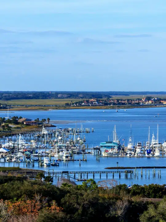 overhead view of st. Augustine marina with boats and blue sky