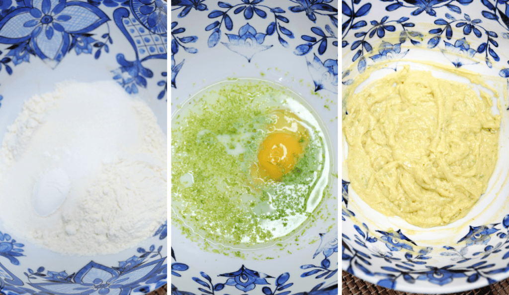 Baked Key Lime Coconut Donuts with Coconut Rum Glaze 5 Three panels show a blue-and-white bowl: first with dry ingredients, then with an egg and lime zest added, and finally with a mixed batter, illustrating baking steps.