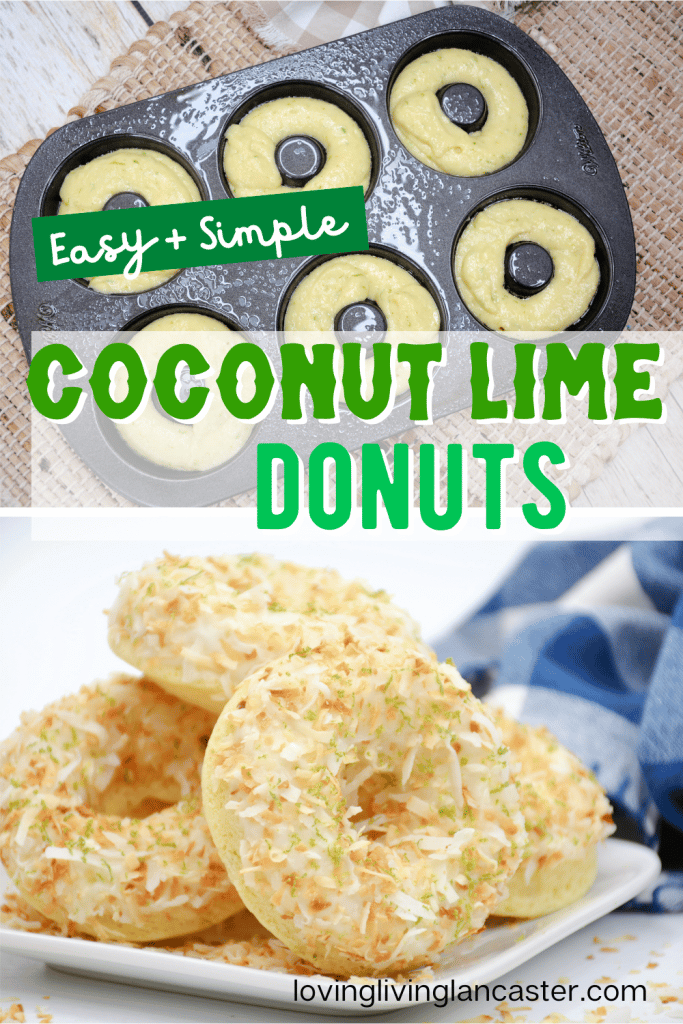 making coconut lime donuts and finished donuts on white plate
