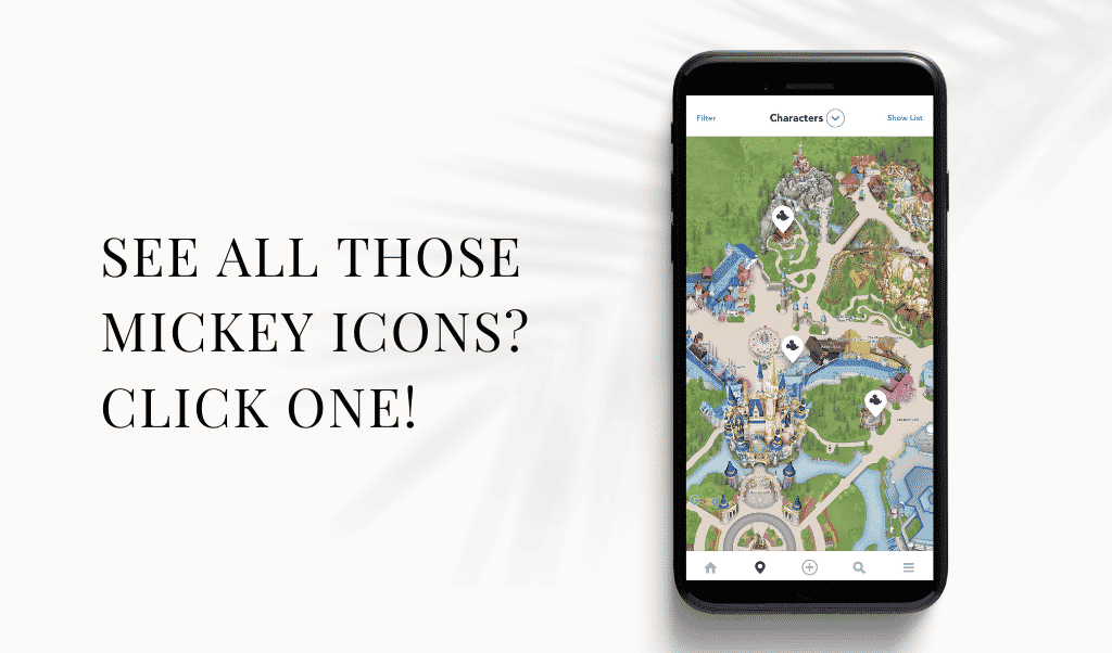 how to use the disney world app to find characters at disney world 