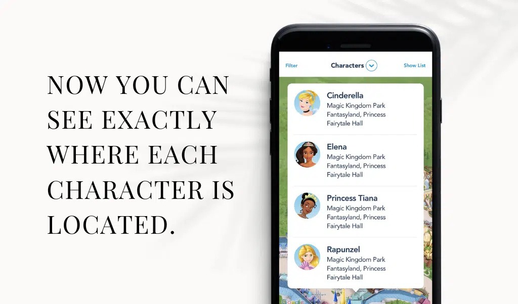 how to use the disney world app to find characters at disney world 