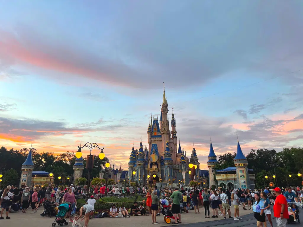 Disney World's cinderella castle at dusk