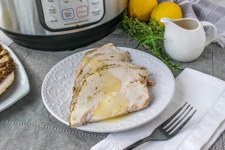 Quick Instant Pot Lemon and Herb Turkey Breast Recipe 16 overhead view of instant pot lemon and herb turkey breast with gravy poured on top