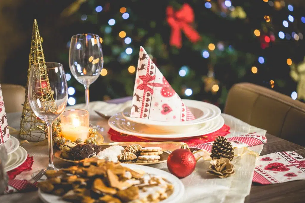 Christmas dinner table set up with filet mignon for Christmas dinner