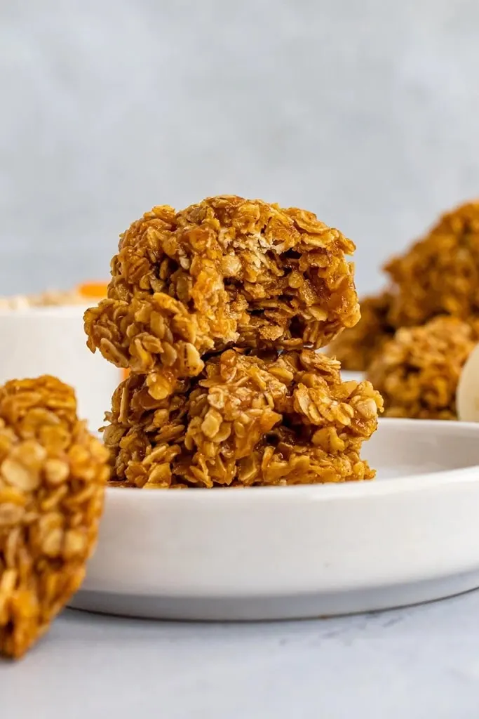 close up of stack of no bake pumpkin spice cookies 